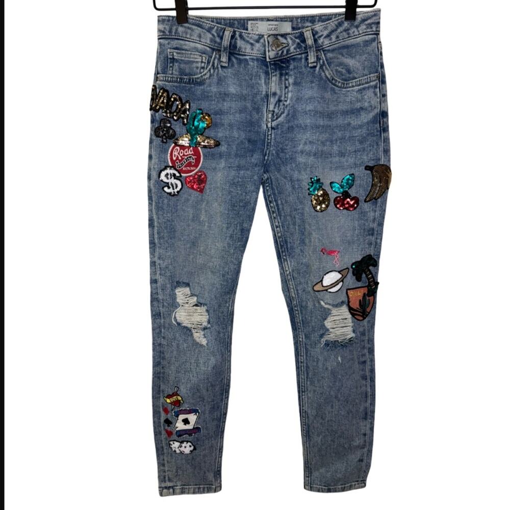 Topshop Moto Lucas Distressed Badged Slim Straight Jeans 25